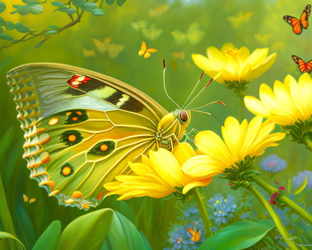 Colorful Butterfly Illustration on Yellow Flower with Greenery