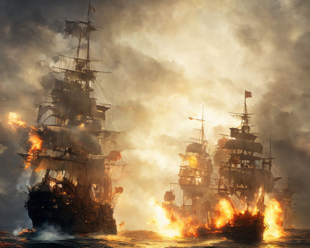 Three burning sailing ships in a smoky sea battle with sun rays.