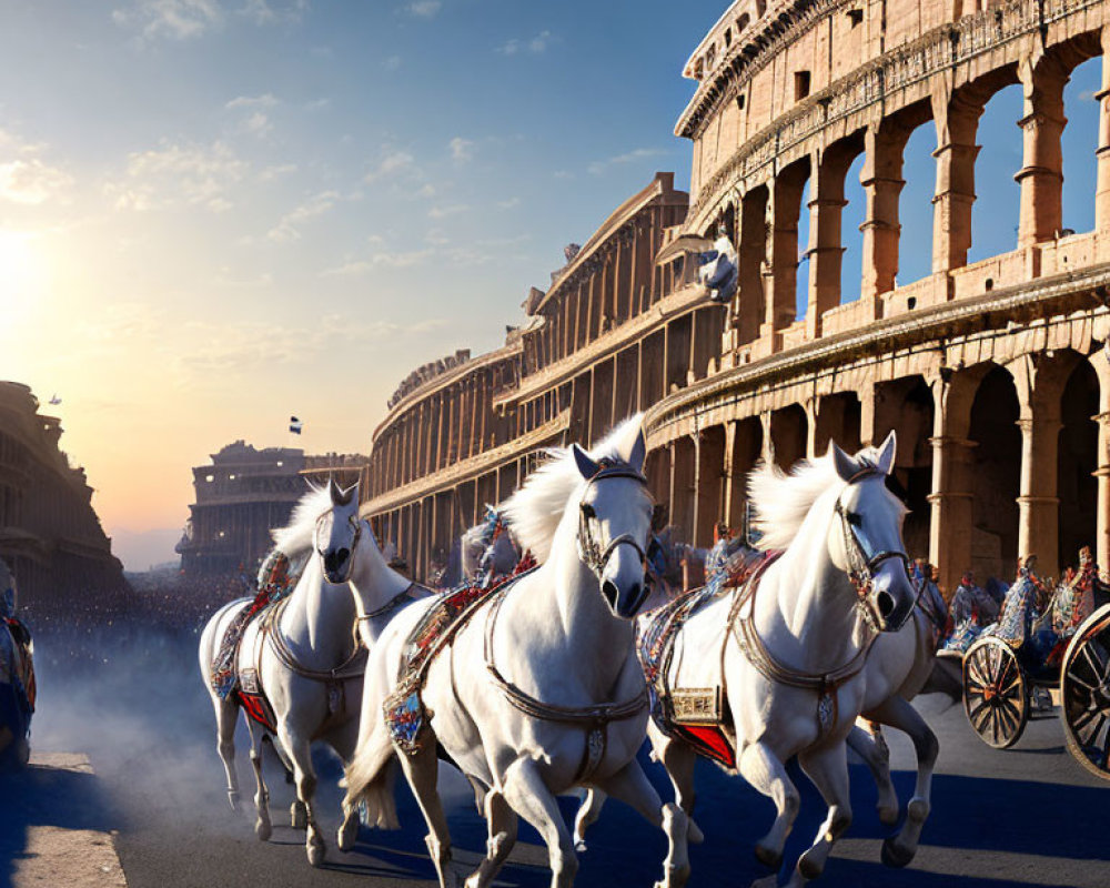 White horses pulling Roman chariot near Colosseum at sunset