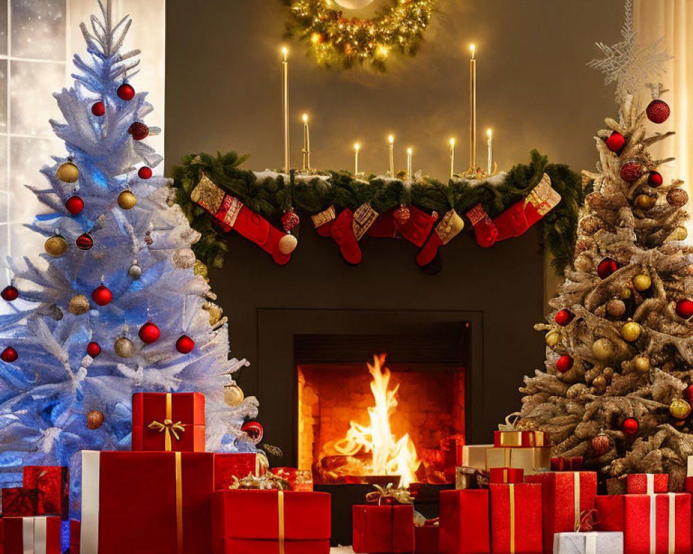 Festive Christmas scene with decorated fireplace and trees