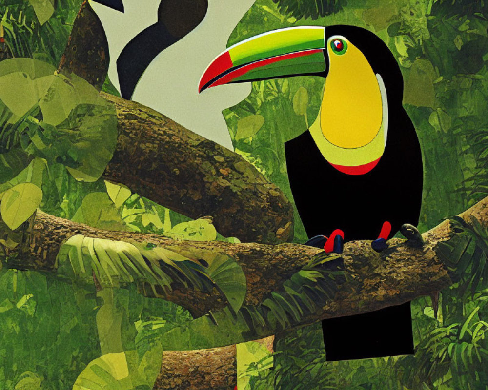 Vibrant Toucan on Tree Branch in Tropical Forest