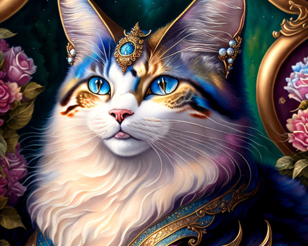 Majestic Cat with Blue Eyes and Jeweled Crown on Ornate Background