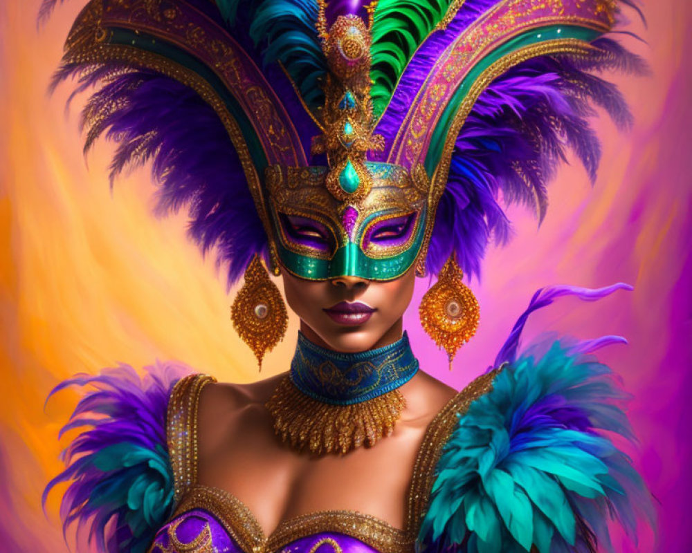 Vibrant Carnival costume portrait with feathered headdress