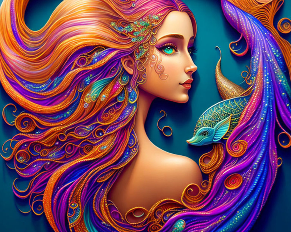 Colorful digital artwork featuring woman with flowing purple and orange hair and gold accents.