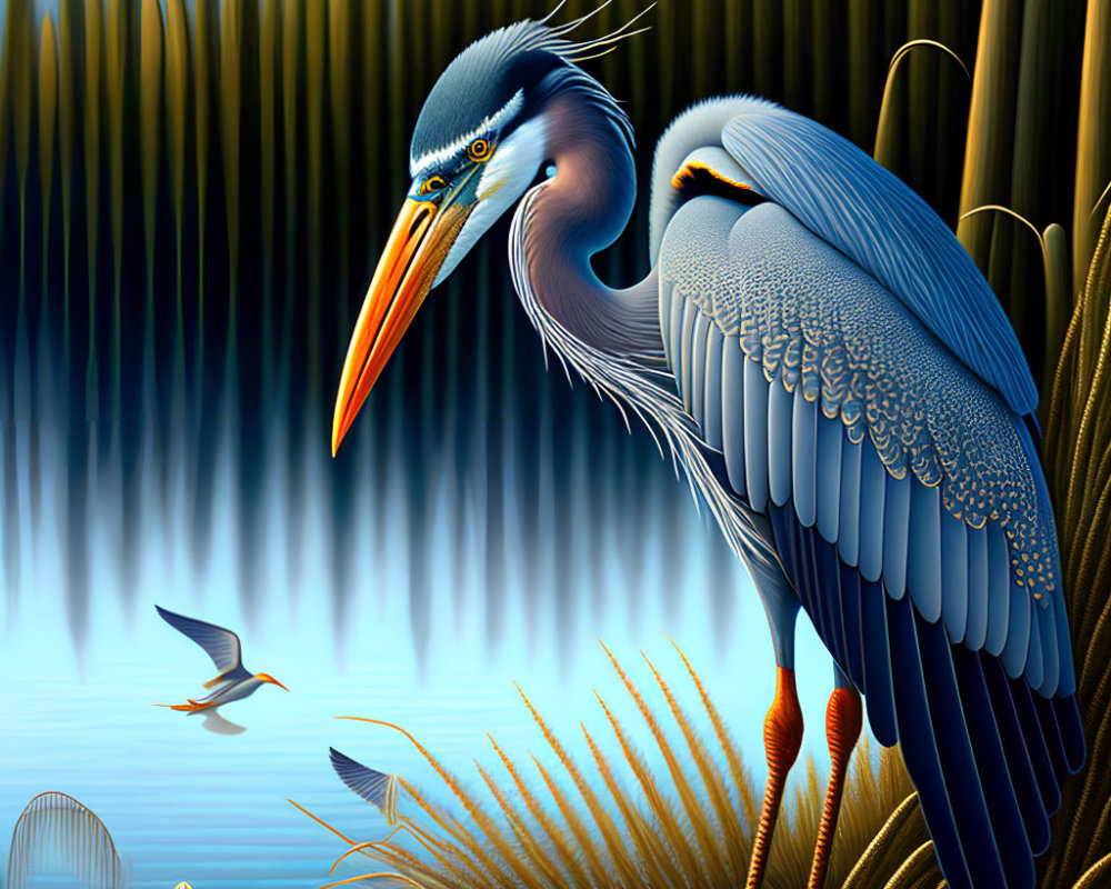 Detailed digital illustration of vibrant great blue heron by water with intricate plumage and smaller bird in flight