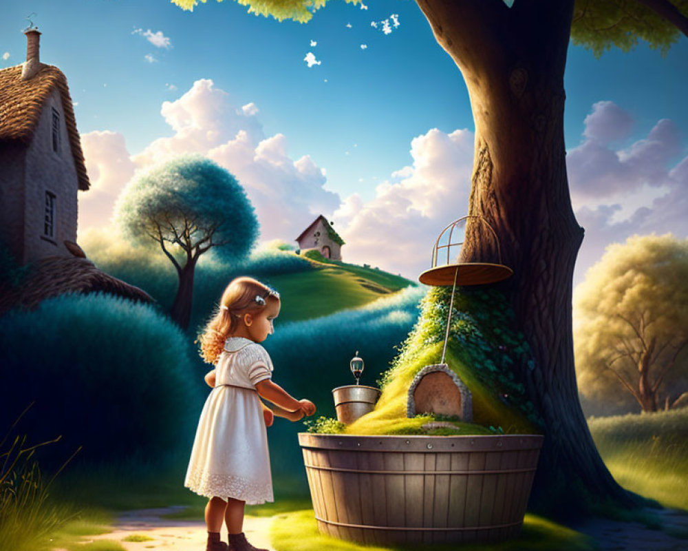 Young girl in white dress gazes at glowing miniature house in wooden tub under tree