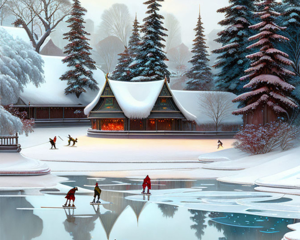 Winter landscape: ice skating on frozen pond, cozy cottage, snow-covered trees, birds in sky