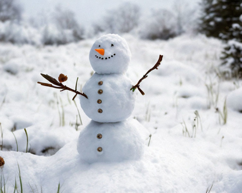 Cheerful snowman with carrot nose in snowy field