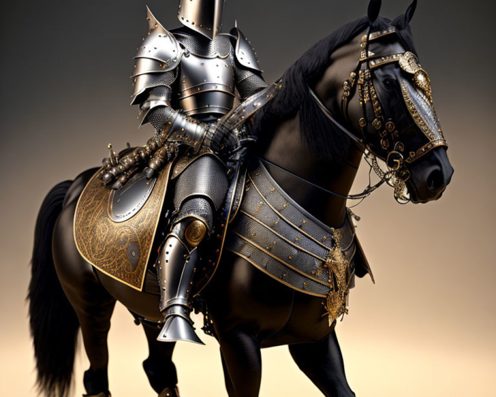 Adorned horse with knight in shining armor on warm-toned backdrop