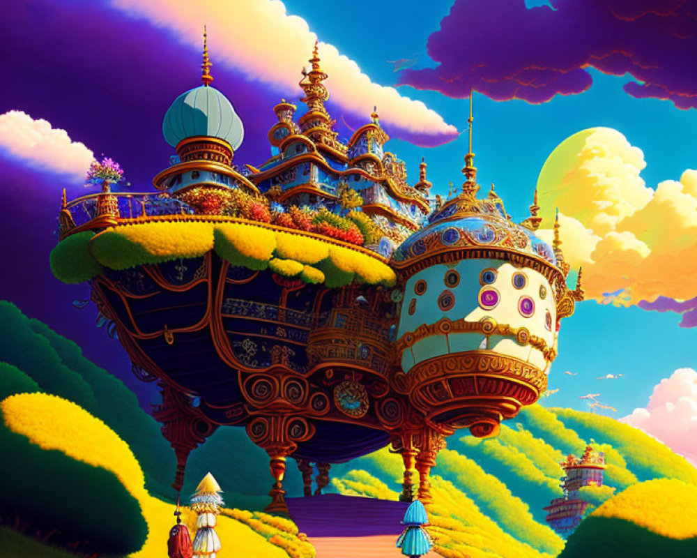 Elaborate floating ship above colorful landscape with figures and castle path