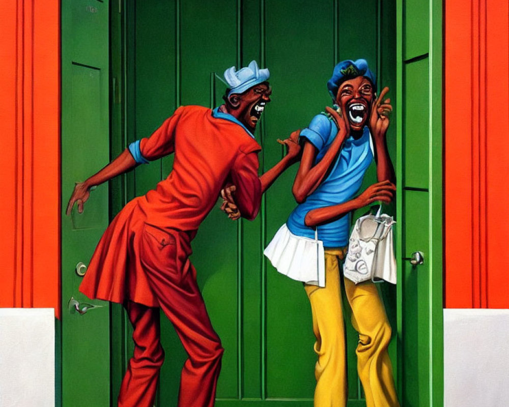 Animated man and woman in red and blue outfits show surprise in front of green doors