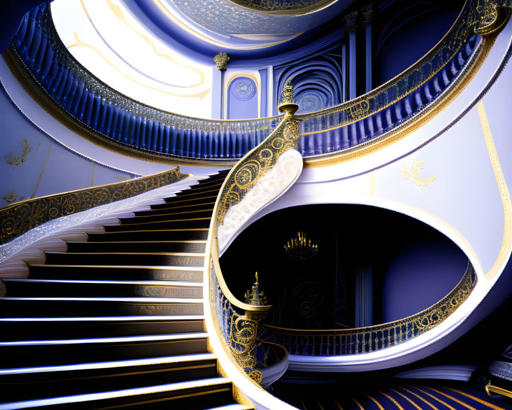 Intricate Blue and Gold Escher-Esque Staircase Artwork