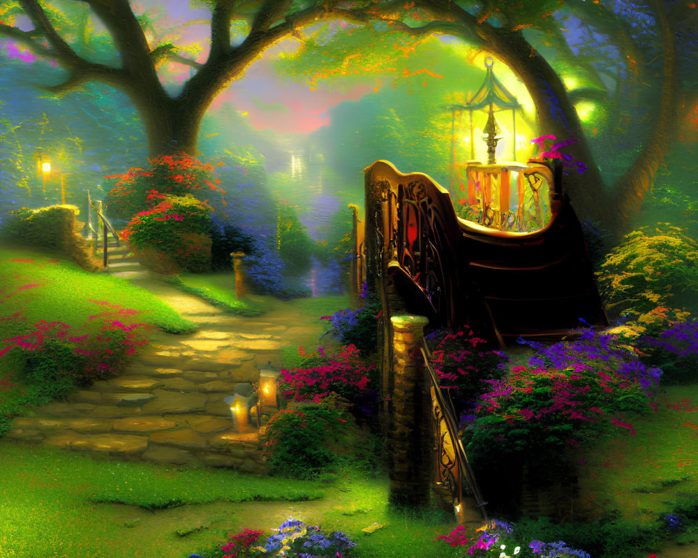 Enchanted garden path with illuminated gate, vibrant flowers, trees, and colorful sky.