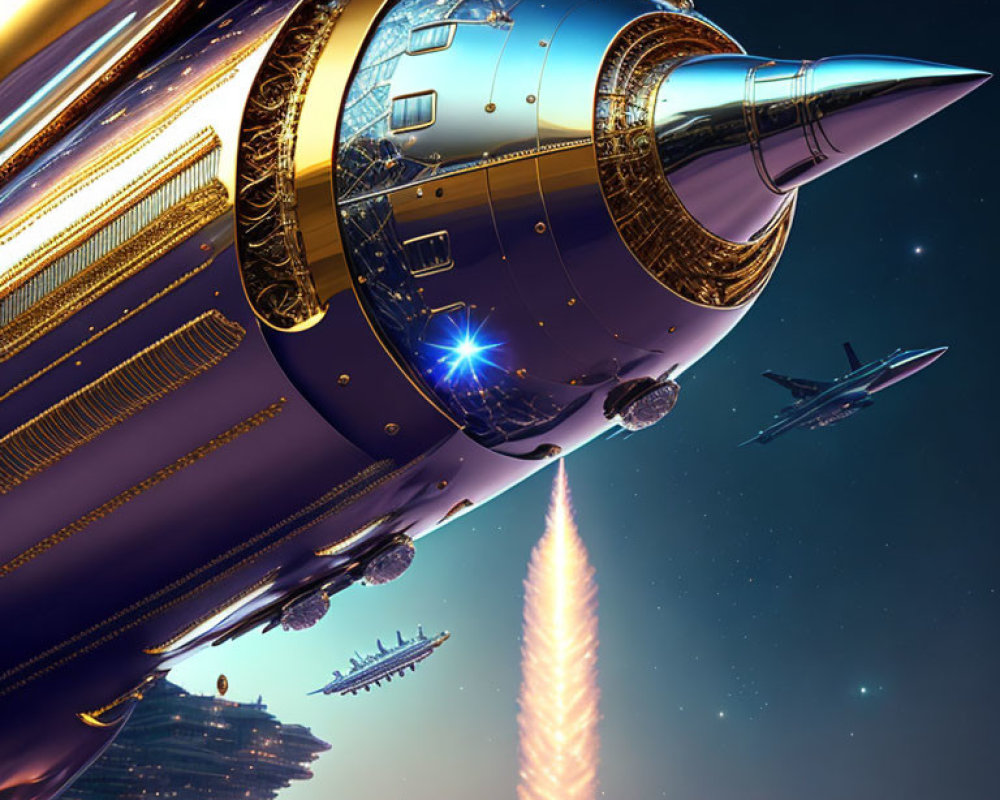 Golden spacecraft launching amidst skyscrapers and ships in a futuristic starry sky.