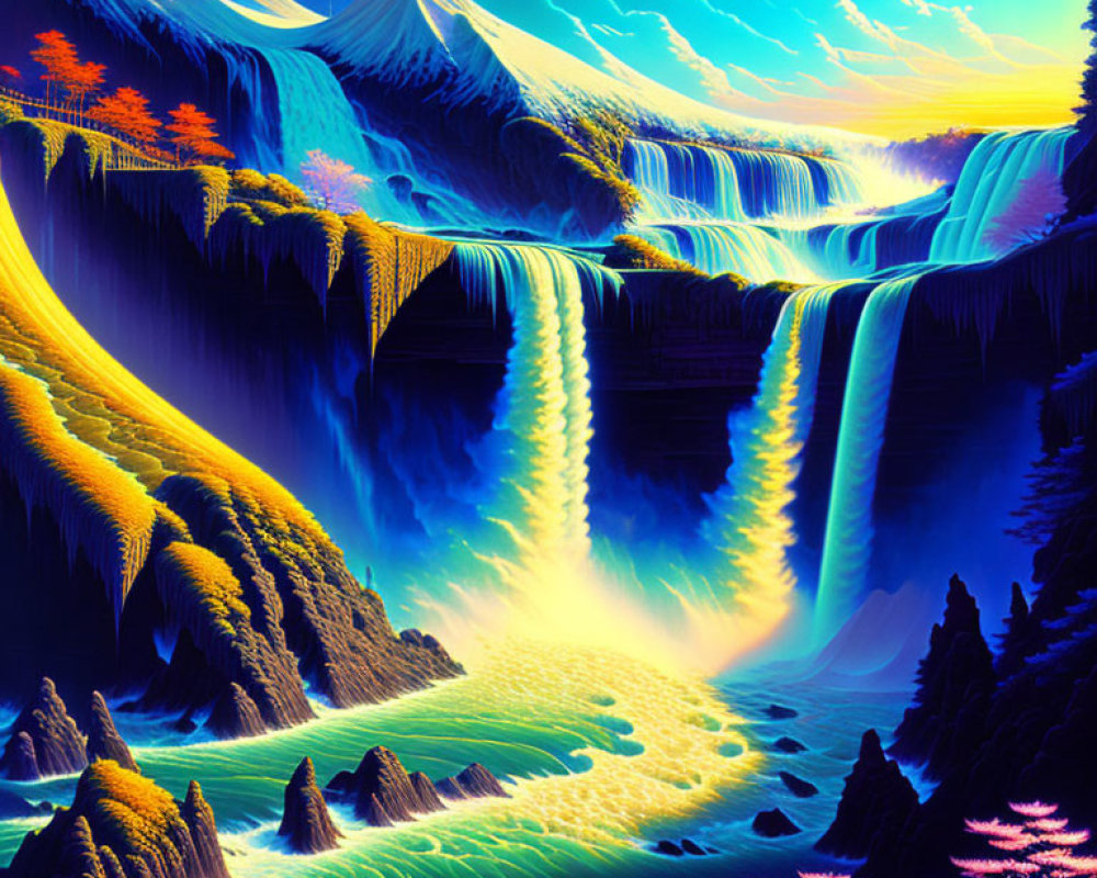 Surreal landscape with waterfalls, colorful trees, and lightning-filled sky