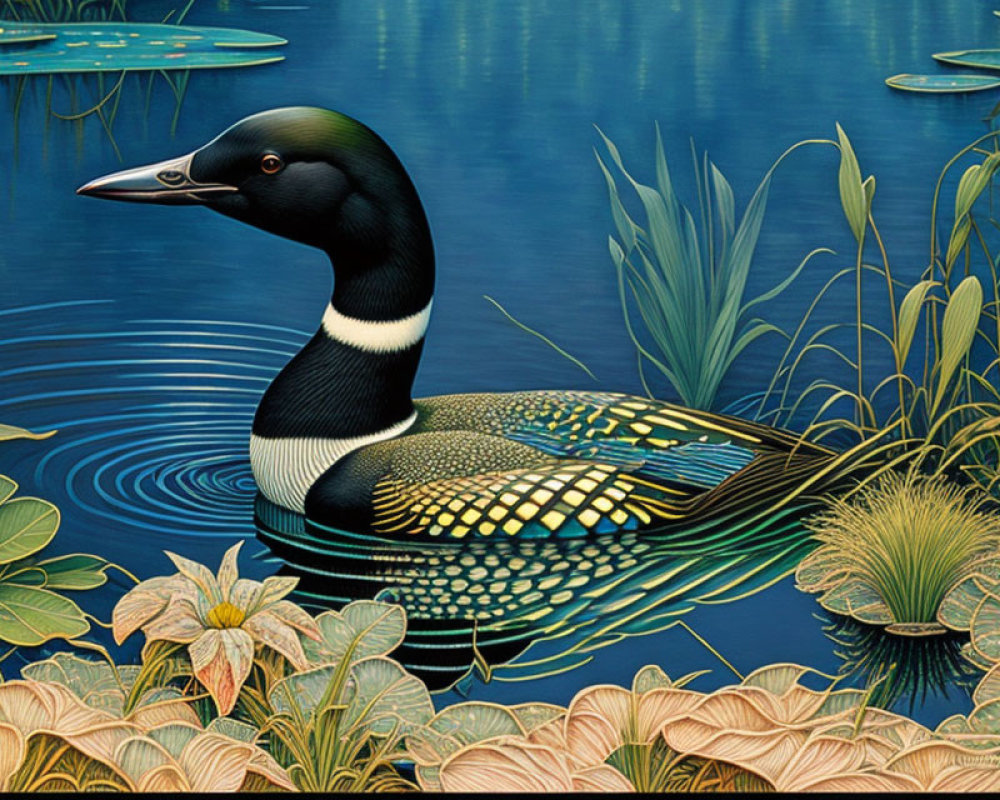 Stylized illustration of loon on blue lake with lily pads & aquatic plants