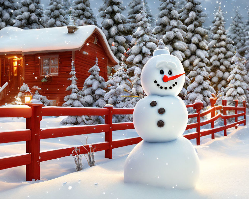 Winter Snow Scene with Snowman, Cabin, and Pine Trees