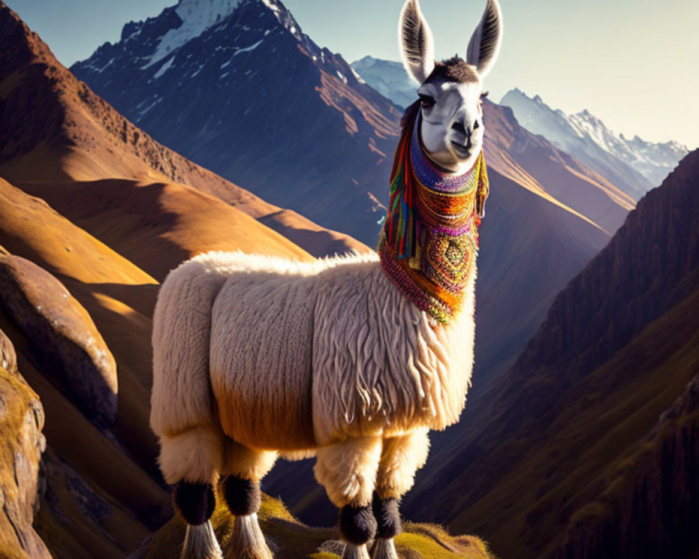 Colorful llama on mountain terrain at golden hour