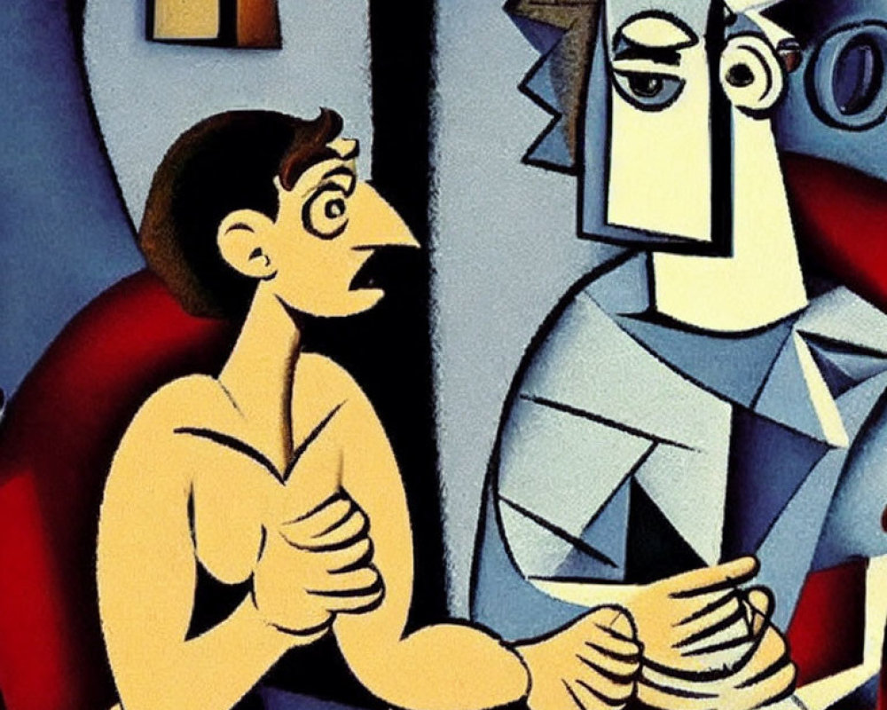 Cubist-style painting featuring surprised figure and abstract face