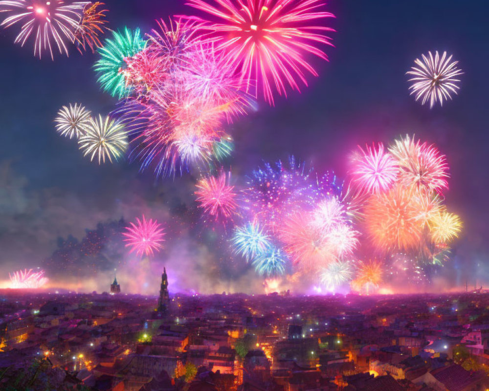 Colorful fireworks light up city night sky.