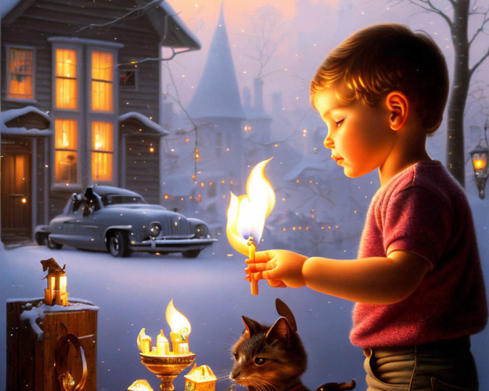 Child with lit match, cat, candles, vintage car, and house in snowy evening.