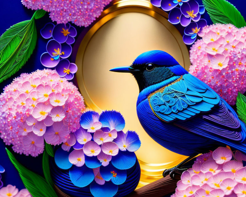 Colorful Blue Bird Among Pink and Purple Flowers with Golden Circle Background