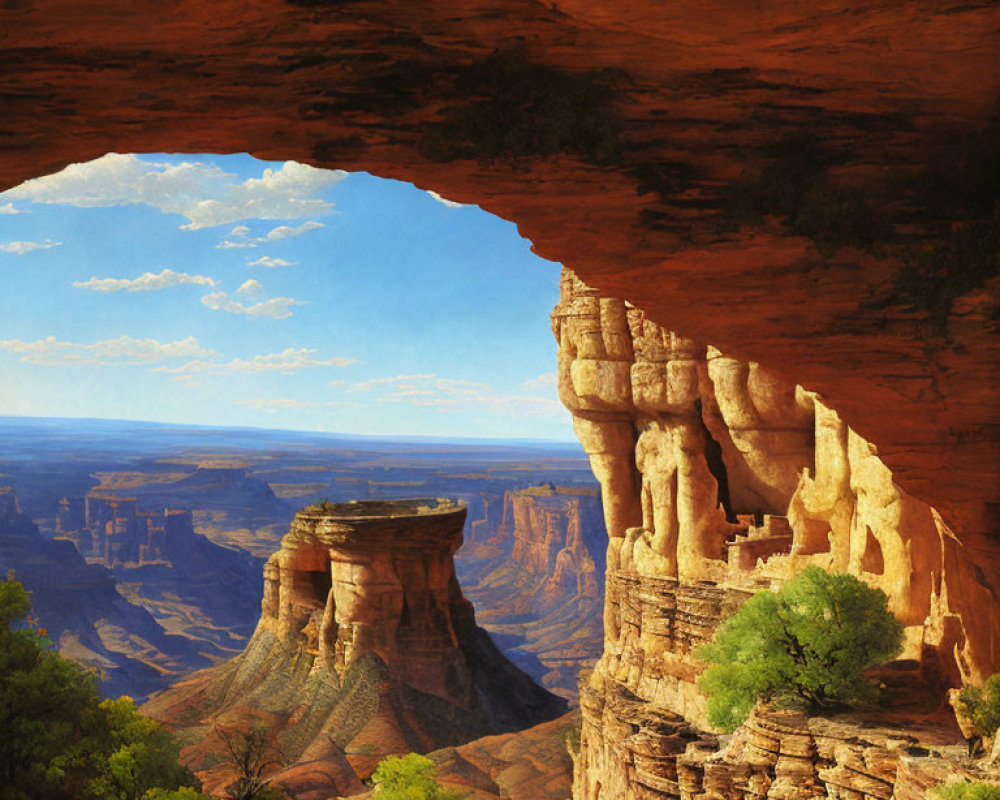 Majestic canyon view from cave opening under blue sky