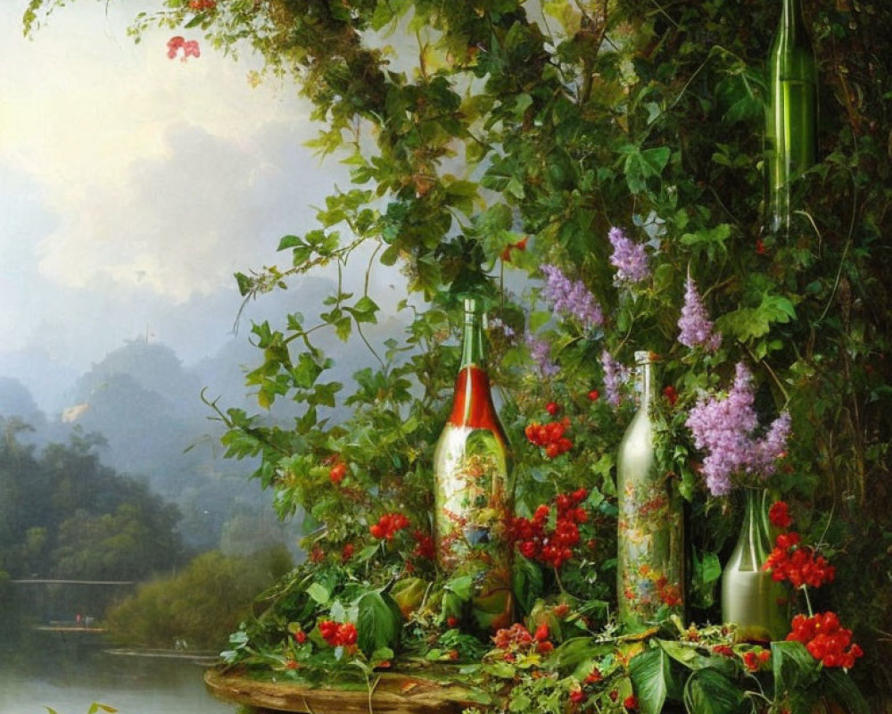 Decorative bottles in nature setting with lake and mountains