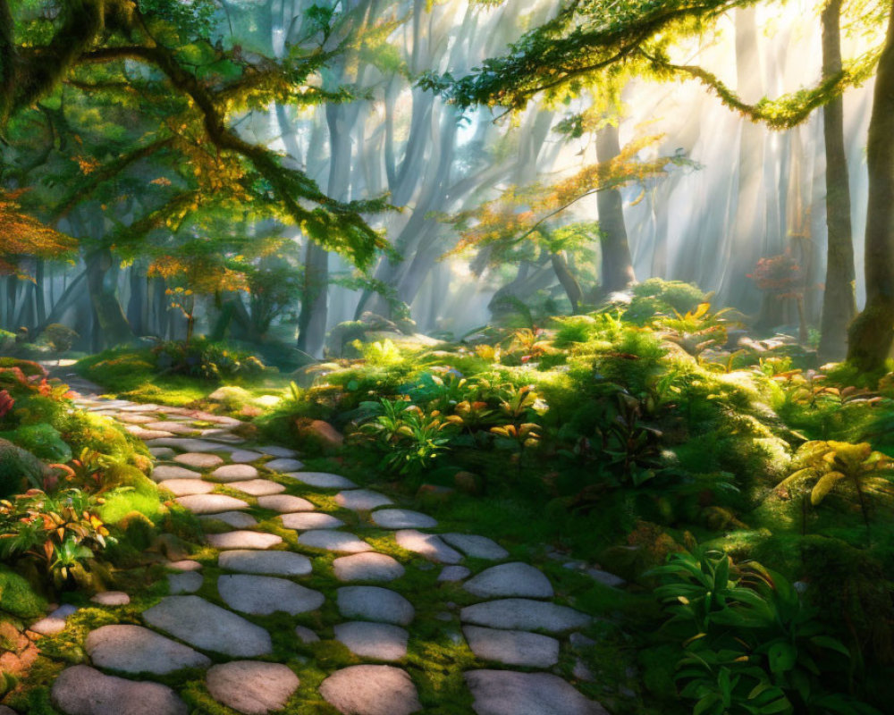 Forest Path Illuminated by Sunlight Through Trees