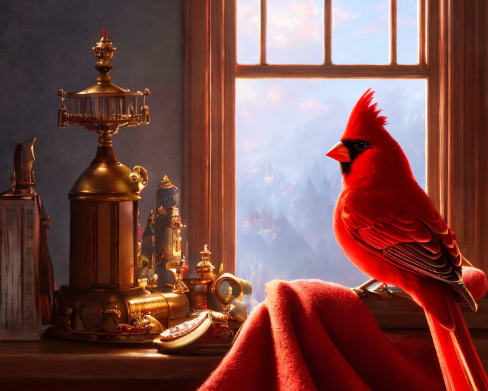 Red cardinal on wooden windowsill with chess pieces and mountain view