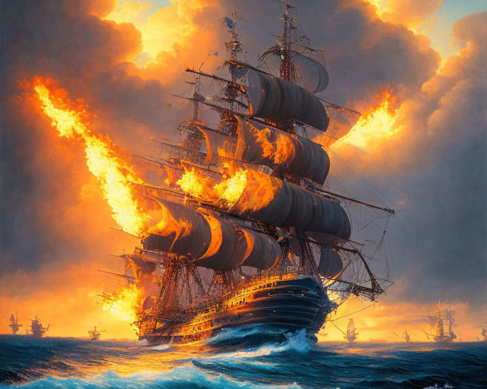 Sailing ship on fire in stormy sea with smaller ships around