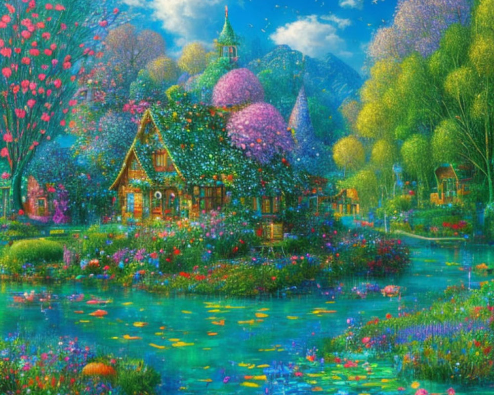 Colorful Flora and Whimsical Cottage in Fantasy Landscape