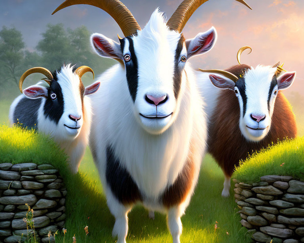 Stylized animated goats with prominent horns in sunrise field.