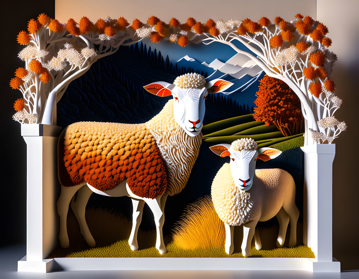 3D paper art diorama of sheep, trees, and warm lighting