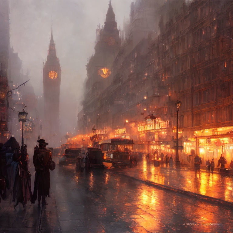 Victorian-era London street scene with Big Ben at dusk