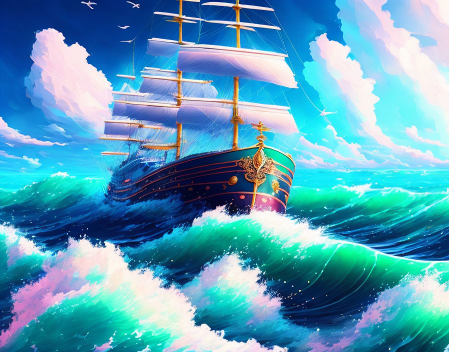 Sailing ship with full sails on crest of wave in dramatic ocean scene