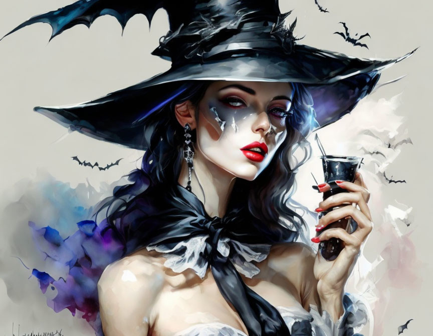 Stylized witch-themed artwork with woman holding chalice