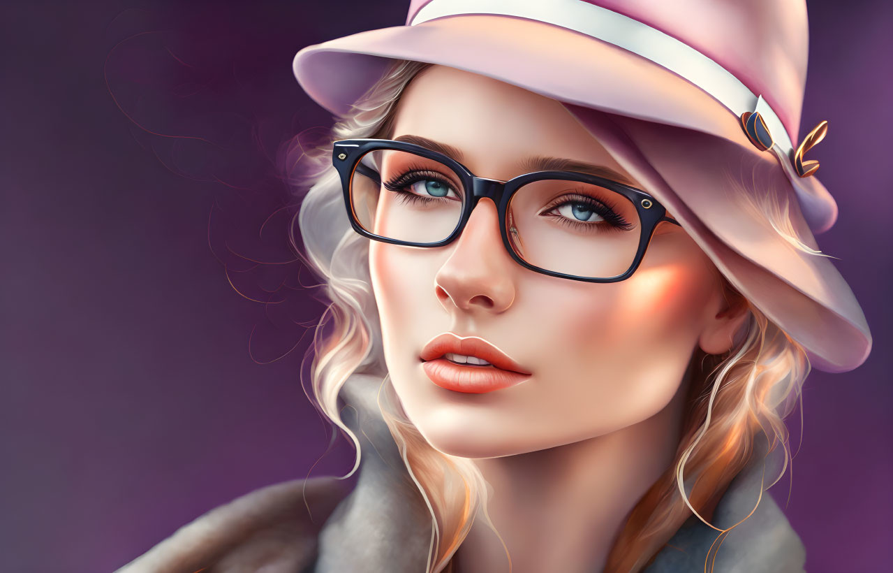 Stylish Woman with Glasses and Hat in Soft Purple Background