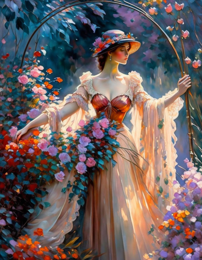 Woman in Peach Gown and Floral Hat Surrounded by Garden Flowers