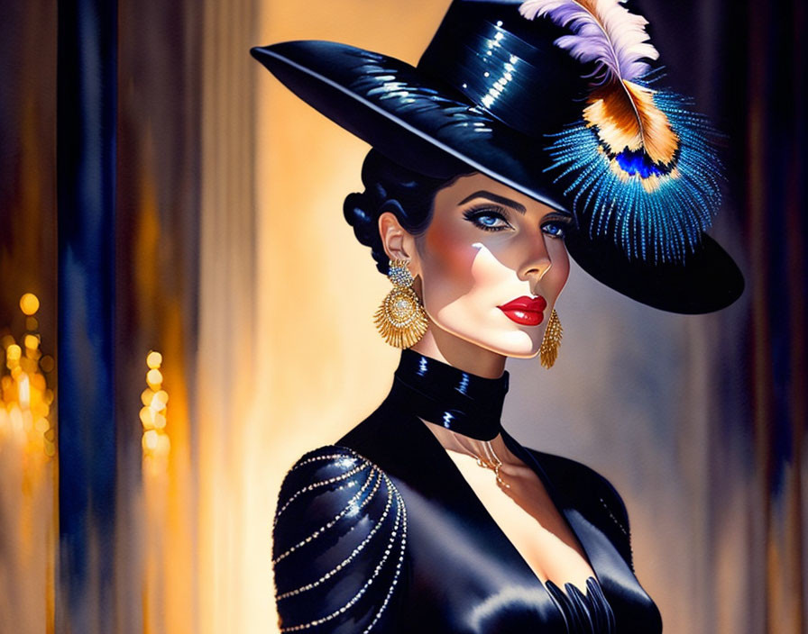 Stylized portrait of woman in black hat with feathers and gold earrings