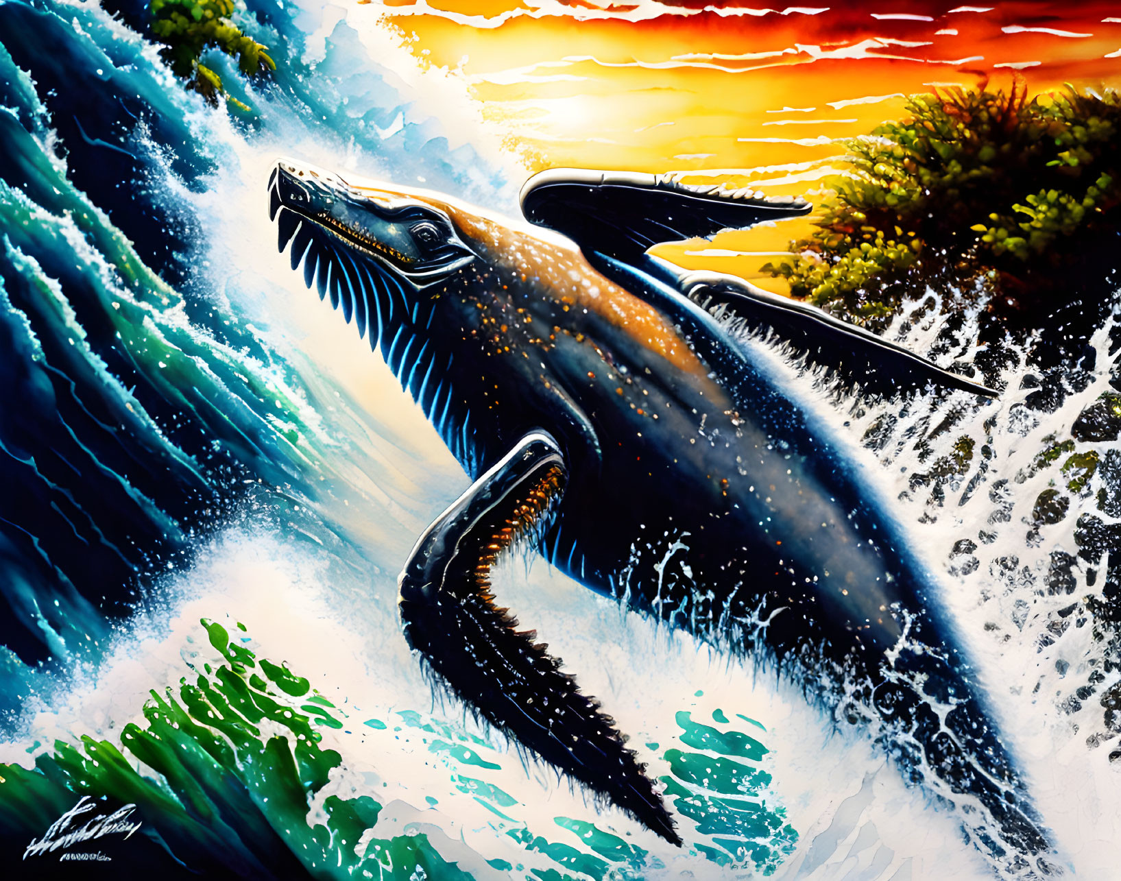 Colorful painting of a plesiosaur in ocean waves at sunset