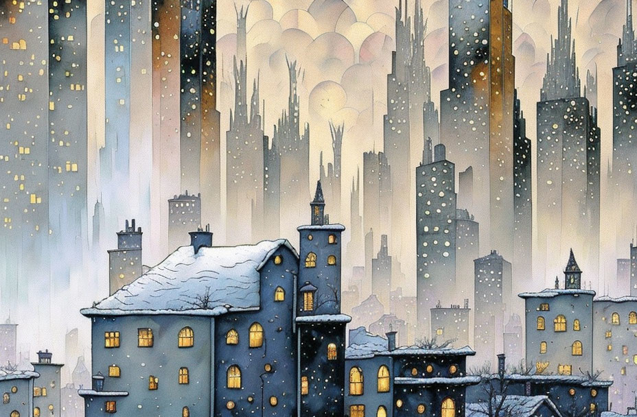 Snowy Cityscape with Stylized Buildings and Warm Lights