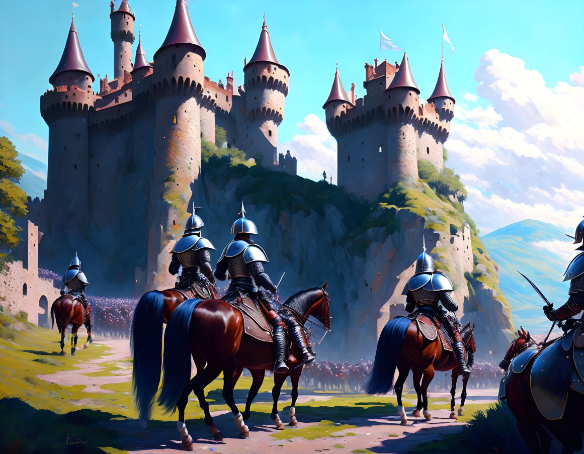 Medieval knights on horseback in front of grand castle with spires under blue sky