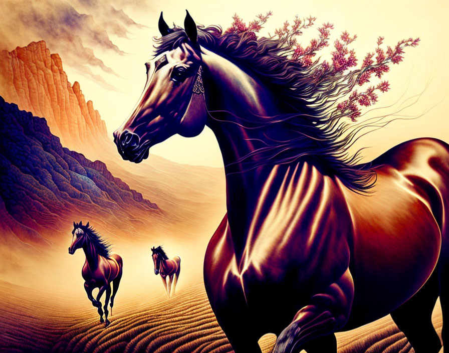 Three majestic horses galloping in desert landscape