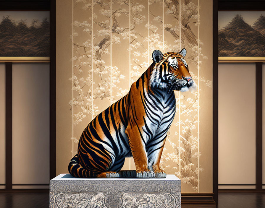 Illustrated tiger on decorated pedestal in room with gold-painted panels