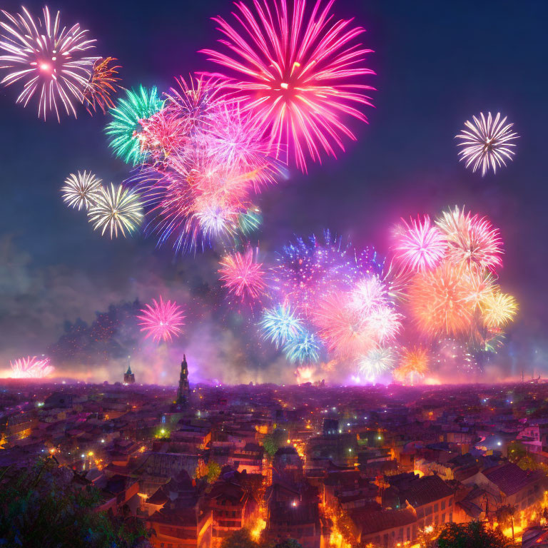 Colorful fireworks light up city night sky.