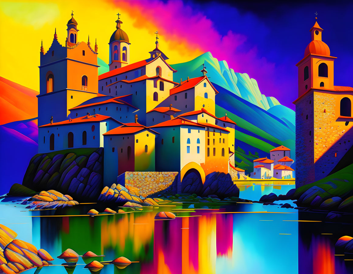 Colorful Coastal Town Illustration with Churches, Towers, and Mountains