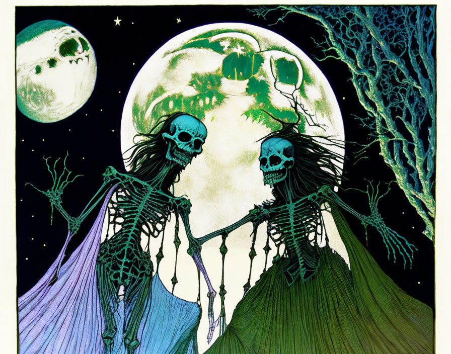 Skeletons dancing under large moon with crescent moon, stars, and leafless tree.