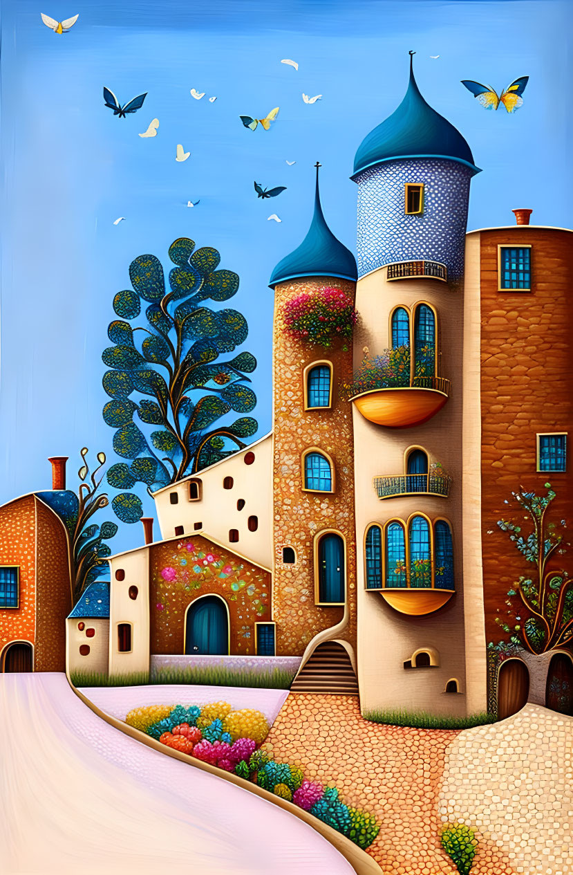 Vibrant surreal village with whimsical houses and castle in a colorful setting