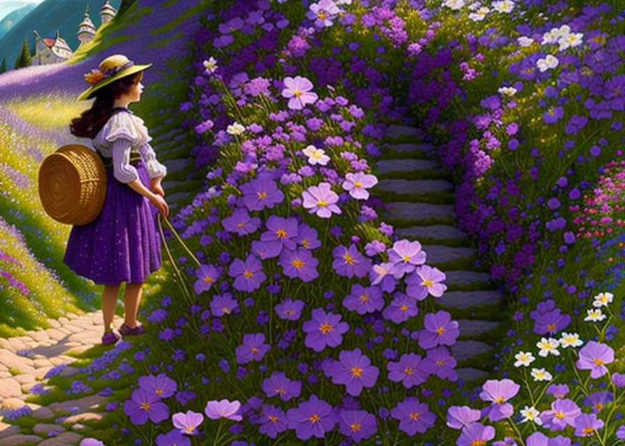 Girl in purple skirt and straw hat among lush garden flowers